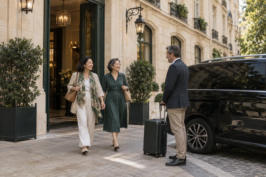 Travellers meeting a driver outside a European city hotel