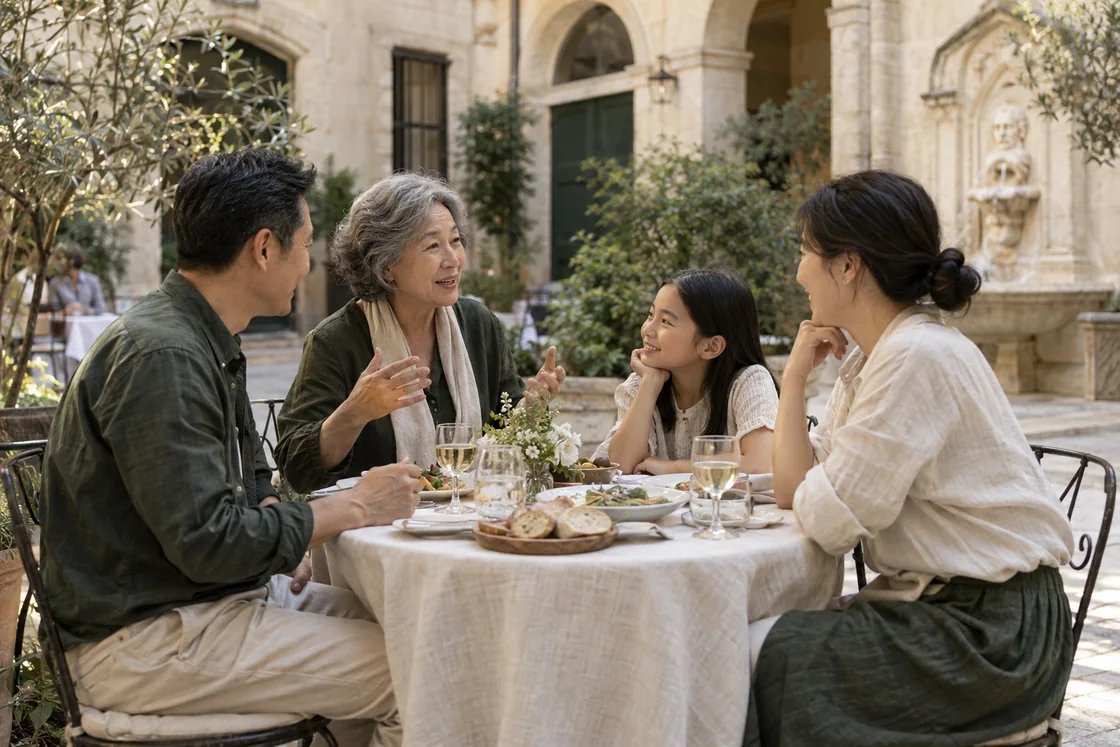 Grandmother, parents and child sharing lunch in a European courtyard