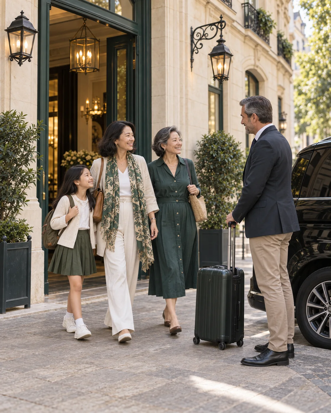 Three generations of a family welcomed by a private driver outside a European city hotel